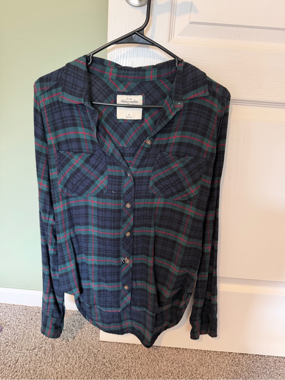 Abercrombie & Fitch Navy, Green and Red Plaid Button-Down Flannel shirt